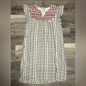 Andree Embroidered Dress Size S Blue Cream Striped lined